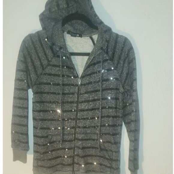 FOREVER 21 zippered Hoodie, Black and gray w/ silver sequins in size small - Picture 9 of 16